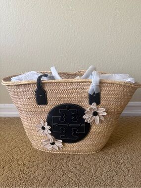 Tory Burch Straw Tote with Floral Accents - Natural & Black (New with Tag)